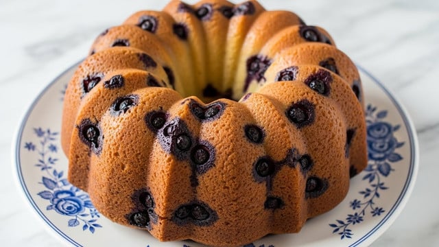 A round bundt cake with a light golden-brown color, filled with many dark purple blueberries scattered evenly throughout. The cake has a textured surface with ridges running around the shape, showing the baked pattern from the mold. It is placed on a white plate decorated with a blue floral pattern along the edges, sitting on a white marbled surface. The cake looks soft and moist, with some blueberries slightly bursting, giving a juicy appearance. Photo taken with an iphone --ar 4:5 --v 7