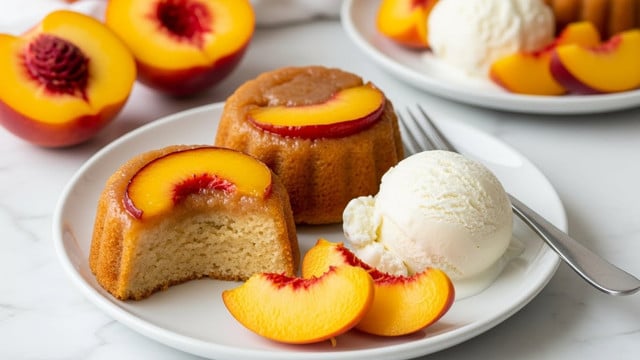 The image shows a white plate with two small upside-down peach cakes with a golden brown texture and a shiny caramelized peach slice on top. One cake is whole, and the other is cut in half, revealing a soft light beige inside. Next to the cakes, there is a scoop of white vanilla ice cream with a creamy texture. Three fresh peach slices with orange and red colors are arranged near the cakes. The plate sits on a white marbled surface. In the background, there is another white plate with a scoop of vanilla ice cream and peach slices, as well as some cut peaches with bright orange flesh and red centers. A silver fork lies beside the cakes on the plate. photo taken with an iphone --ar 4:5 --v 7