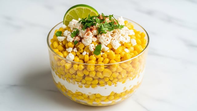 A clear glass bowl filled with many layers of creamy, bright yellow corn kernels mixed with a white creamy sauce, topped with a thick layer of yellow corn, white crumbly cheese, and green chopped herbs sprinkled with red spices, with a bright green lime wedge tucked on the top edge of the bowl, all placed on a white marbled surface. photo taken with an iphone --ar 4:5 --v 7