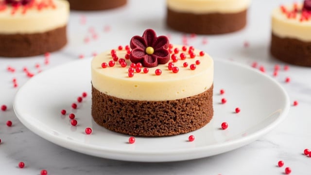 The image shows a close-up of a small dessert with two layers on a white plate over a white marbled texture. The bottom layer is a dark brown, soft-looking cake, while the top layer is a smooth, creamy pale yellow. On top of the creamy layer, there are small, bright red round sprinkles scattered all around, with a dark red, flower-shaped edible decoration placed in the center. Around the plate, some red sprinkles are scattered as well. The background has more similar desserts softly blurred. Photo taken with an iphone --ar 4:5 --v 7