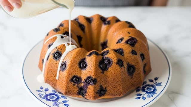 A round bundt cake with a light golden-brown color studded with dark purple blueberries all over its bumpy surface is placed on a white plate with a blue floral design. A thin stream of white glaze is being poured from a glass container onto the top of the cake, creating a soft contrast against the cake’s texture. The scene is set on a white marbled surface with soft natural lighting highlighting the moist and tender crumb of the cake. A woman's hand holding the glass container is partly visible above the cake. photo taken with an iphone --ar 4:5 --v 7
