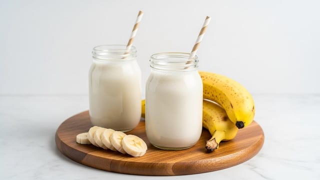 Two clear glass jars filled with creamy white smoothie each have a paper straw with white and beige stripes. The jars sit on a round wooden cutting board that contrasts with the white marbled surface beneath. On the board, in front of the jars, are several round banana slices arranged in a small line, and behind them, a whole ripe banana with a few dark spots rests. The background is clean and plain, enhancing the fresh and simple look of the smoothie and bananas. photo taken with an iphone --ar 4:5 --v 7