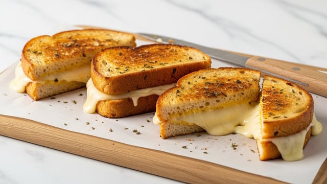 The image shows four grilled cheese sandwich pieces arranged on a piece of parchment paper on a wooden cutting board. Each sandwich has two layers of golden-brown toasted bread with visible herbs and small charred spots on the surface. Melted creamy cheese oozes out slightly between the slices, giving a gooey texture. One sandwich piece is cut in half, revealing the cheesy inside clearly. A knife with a wooden handle rests on the board near the sandwiches. The backdrop is a white marbled texture. photo taken with an iphone --ar 4:5 --v 7