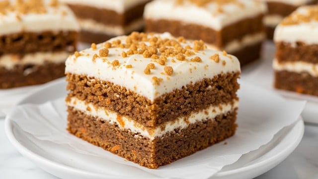 A close-up view of a square piece of carrot cake with three visible layers: the bottom layer is a dense, moist brown carrot cake mixed with tiny bits of orange and darker brown, the middle layer is creamy and thick off-white frosting covering the top, and the top is sprinkled with small, crunchy golden-brown nut or crumb pieces. The cake is placed on a sheet of white parchment paper on a white plate, with a white marbled surface underneath, and other similar cake pieces are blurred in the background. photo taken with an iphone --ar 4:5 --v 7