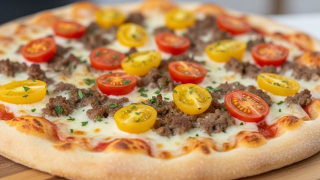 A close-up of a pizza shows a thick crust base with a light golden-brown edge. The first layer is melted white cheese spread evenly over the dough. Scattered on top are small browned ground meat pieces that add a rough texture. Bright yellow halved cherry tomatoes are placed evenly across the pizza, bursting with color and juiciness. Small green herbs are sprinkled on top, adding a touch of freshness. The pizza sits on a wooden board, with a soft blurred background. Photo taken with an iphone --ar 4:5 --v 7