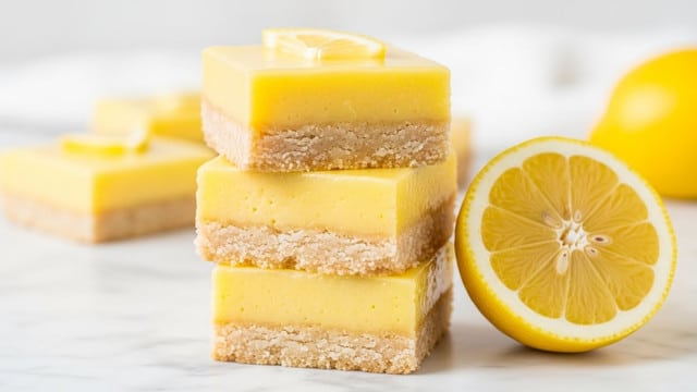 The image shows a stack of three lemon bars on a white marbled surface. Each bar has two layers: a thick, smooth, glossy yellow lemon filling on top and a light, crumbly, pale beige shortbread crust at the bottom. The top bar is garnished with a small thin slice of lemon. On the right side of the bars, there is a wedge of fresh lemon with bright yellow skin and juicy pale yellow flesh. The background is softly blurred with white and yellow hues, highlighting the bars in the center. photo taken with an iphone --ar 4:5 --v 7