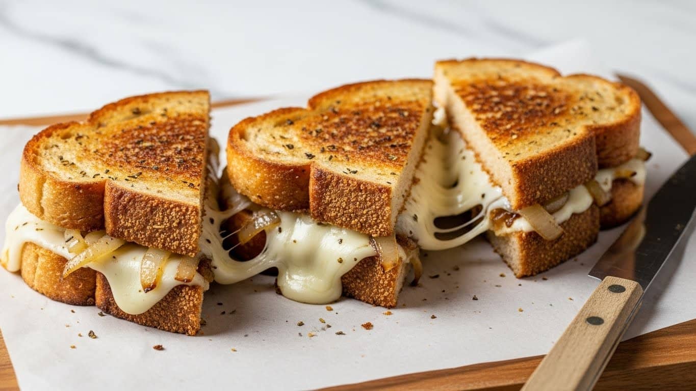 The image shows a toasted grilled cheese sandwich cut into three pieces, placed on a parchment paper over a wooden board with a white marbled background. Each sandwich piece has two layers of golden-brown toasted bread with a slightly rough texture and visible herbs or seasoning on top. Inside, there is a thick layer of melted white cheese that is oozing out slightly, along with caramelized onions that appear soft and glossy. The sandwich's crust is crisp and unevenly browned, adding a rustic look to the dish. A silver knife with a wooden handle lies beside the sandwich. Photo taken with an iphone --ar 4:5 --v 7