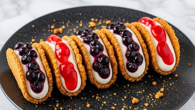 The image shows five small taco-shaped treats lined up on a dark textured plate with a white marbled surface underneath. Each treat has a crispy golden-brown shell with a crunchy texture. Inside the shell is a creamy white layer that looks smooth and thick. On top of the cream, two of the treats are topped with a bright red strawberry sauce, while the other three have a rich dark purple-blueberry topping with whole berries visible. Some crumbs are scattered around the plate, adding to the texture. The dark plate contrasts with the colorful filling. photo taken with an iphone --ar 4:5 --v 7