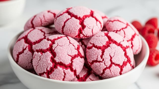 A white bowl filled with about fifteen small round cookies, each cookie has a cracked surface dusted with white powdered sugar, revealing a bright red color underneath, making the cracks stand out with a rough texture. A single fresh raspberry is placed in the middle on top of the cookies, adding a pop of natural red. Around the bowl, there are a few loose raspberries on a white marbled surface and a white cloth with thin green stripes partly visible on the left side. The cookies are stacked closely in a pile, showing their round shape and textured tops clearly. photo taken with an iphone --ar 4:5 --v 7
