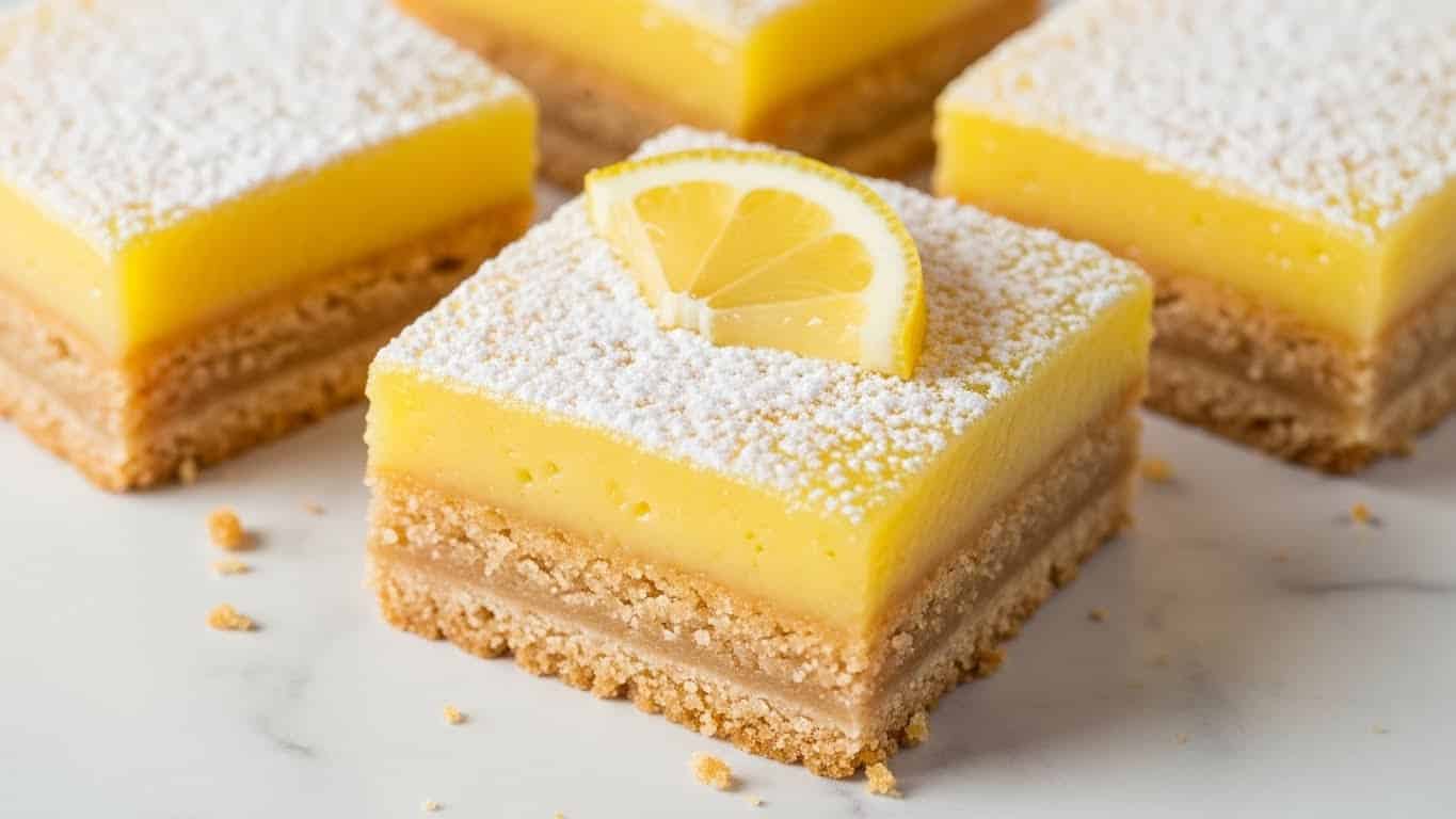 The image shows four lemon bars placed on a white marbled surface, each square-shaped bar having two layers: a light golden brown crust at the bottom with a slightly crumbly texture, and a bright yellow lemon filling on top that looks smooth and glossy. The top layer is dusted with powdered sugar, adding a soft white coating. One lemon bar in the center has a small fresh lemon wedge placed on top, adding a bright yellow accent. The bars are close to each other, with some crumbs around them. photo taken with an iphone --ar 4:5 --v 7