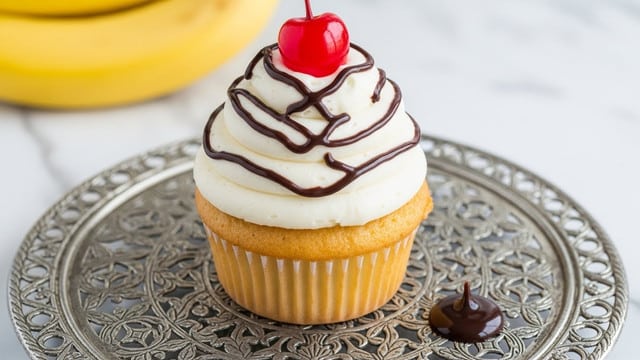The image shows a cupcake with a light golden base, topped with a swirl of smooth white cream frosting forming multiple layers, drizzled with thin lines of dark chocolate syrup. On top, there is a bright red cherry with a stem. The cupcake is placed on a detailed silver metal stand with intricate cutout patterns along the edges, and a small dollop of chocolate syrup is on the stand near the cupcake. The background includes blurred bananas and a white marbled surface underneath. photo taken with an iphone --ar 4:5 --v 7