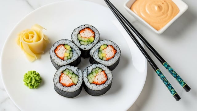 Five sushi rolls are arranged in a circle on a white plate placed on a white marbled surface. Each roll has three layers: the outer layer is white rice with some black sesame seeds, the middle layer is dark seaweed, and the inner layer contains shredded orange crab, green cucumber, and avocado. On the left side of the plate, there are light yellow pickled ginger slices and a small green dollop of wasabi. To the right of the plate, there is a pair of black chopsticks with blue and green design near the tips, resting on the surface. In the top right corner, there is a small white square dish filled with light orange dipping sauce. Photo taken with an iphone --ar 4:5 --v 7