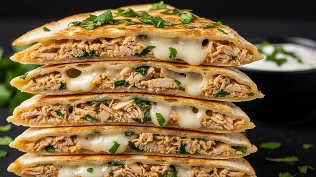 A stack of five triangular quesadilla slices is shown, each layer made of golden brown, crispy tortillas with melted white cheese stretching between them. Inside, shredded chicken mixed with finely chopped green herbs is visible, giving a textured look to each slice. The top layer is sprinkled generously with fresh green herbs. The quesadilla stack is placed on a dark surface, with a small black bowl of white dipping sauce with green herbs blurred in the background. Some extra chopped herbs are scattered around the base of the stack. photo taken with an iphone --ar 4:5 --v 7
