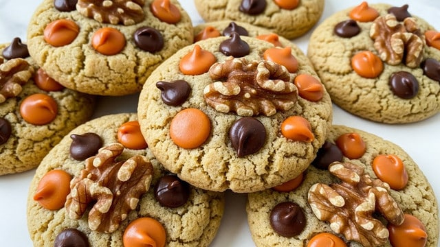A close-up view of a group of soft cookies piled on a white marbled surface, each cookie showing a golden-brown baked dough base with a slightly crinkled texture. The top layer is decorated with scattered dark brown chocolate chips, round and smooth but slightly melted, along with bright orange butterscotch chips that are glossy and thick. Large pieces of rough-textured walnuts with a warm brown color are placed on top, adding contrast and texture to the cookies. The cookies look fresh and thick, with some overlapping at the edges. Photo taken with an iphone --ar 4:5 --v 7