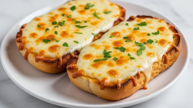 Two pieces of toasted bread with a golden brown crust sit on a white plate, topped with a thick layer of melted cheese that is slightly browned in spots. The cheese has a bubbly and creamy texture, sprinkled evenly with small bits of fresh green parsley. The bread looks soft inside and crunchy on the edges, and the plate rests on a white marbled surface. photo taken with an iphone --ar 4:5 --v 7