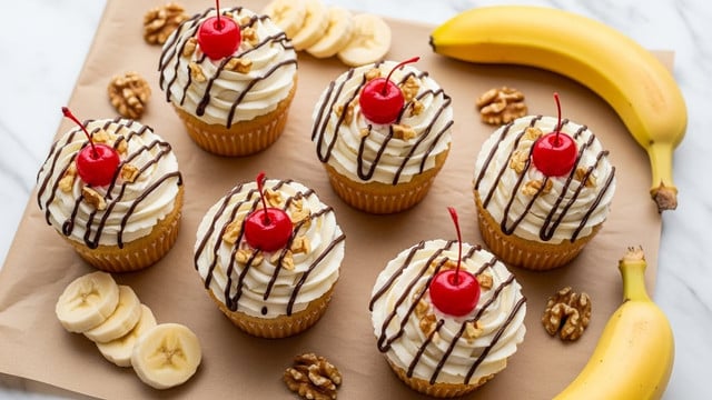 Six cupcakes are placed on a sheet of brown parchment paper on a white marbled surface, each with a light beige base topped with swirled white cream frosting. A red cherry sits on the center of each frosting, surrounded by small pieces of brown walnut, and thin lines of dark brown chocolate drizzle run diagonally across the frosting. Slices of banana and walnut pieces are scattered around the cupcakes, with two whole bananas positioned near the top right and bottom right corners of the paper. The lighting is soft and warm, highlighting the textures and colors vividly. photo taken with an iphone --ar 4:5 --v 7