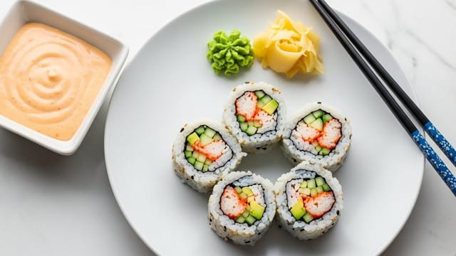 A white plate holds five sushi rolls arranged in a loose circle, each roll showing a middle layer of orange crab mix, green avocado, and cucumber, all wrapped in white rice speckled with tiny black sesame seeds and a thin dark seaweed layer inside. On the upper side of the plate, there is a small mound of light green wasabi and pale yellow pickled ginger. Next to the plate, a pair of black chopsticks with blue patterned ends rest diagonally. To the left of the plate, a square white dish contains a creamy light orange dipping sauce. The setting is on a white marbled surface. Photo taken with an iphone --ar 4:5 --v 7