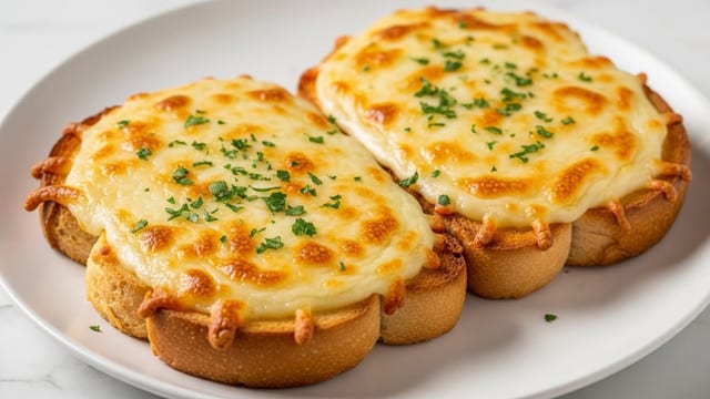 Two slices of toasted bread on a white plate, each slice topped with a thick layer of melted cheese that is golden brown and bubbly, sprinkled with small pieces of green parsley. The bread edges are crispy and light brown, with a soft, slightly textured interior beneath the cheese. The cheese layer is creamy and smooth, with some browned spots showing a lightly crisp top. The plate is set on a white marbled surface. photo taken with an iphone --ar 4:5 --v 7