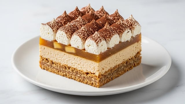 A square slice of dessert with four visible layers on a white plate, placed on a white marbled textured surface. The bottom layer is a crumbly, light brown crust with a rough texture. Above it is a smooth, creamy beige layer showing a dense consistency. The third layer is thick, slightly translucent, and golden-brown with a glossy texture. The top layer is a fluffy, light cream with soft swirled peaks, dusted generously with cocoa powder in a random pattern. Photo taken with an iphone --ar 4:5 --v 7