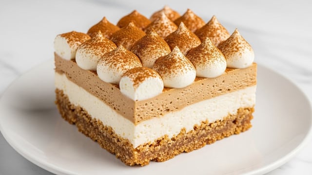 A close-up of a square slice of layered dessert on a white plate, resting on a white marbled surface. The bottom layer is a crumbly, golden brown crust, followed by a thick, creamy white layer. Above this is a generous light brown creamy layer with a smooth texture, topped with a piped creamy white layer dusted evenly with cinnamon powder creating a warm, textured finish. The dessert looks soft and rich with clear, clean layers visible in the slice. Photo taken with an iphone --ar 4:5 --v 7