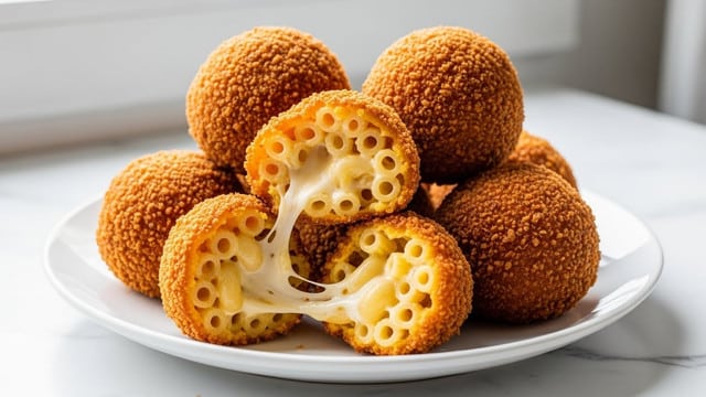 The image shows a white plate stacked with several golden-brown, crispy fried macaroni and cheese balls. The outer layer is textured and crunchy, covered with small crumbs and bits of seasoning. Inside, the balls have a creamy yellow macaroni and cheese filling made of elbow pasta with melted, stringy cheese stretching out as some of the balls are broken open. The macaroni pieces are soft and coated in the melted cheese, contrasting with the crunchy outer shell. The plate sits on a white marbled surface, and the background is softly blurred. photo taken with an iphone --ar 4:5 --v 7