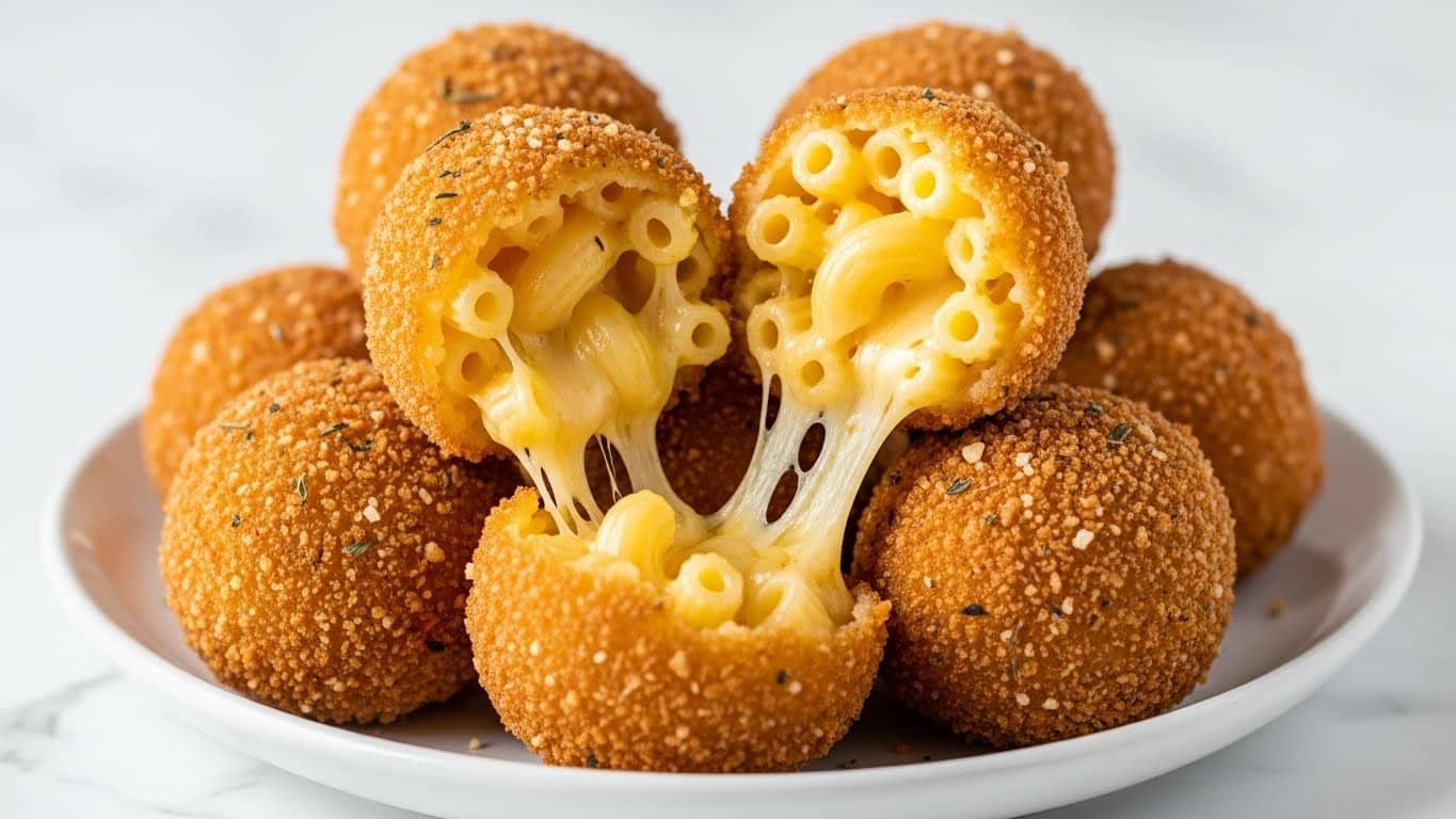 The dish shows several round, golden-brown fried balls stacked on a white plate placed on a white marbled surface near a window. Each ball has a crispy, textured outer layer that looks crunchy and well-breaded in shades of deep orange and brown. The inside of one ball is open, revealing soft, creamy, yellow macaroni pasta mixed with melted white cheese that stretches out, giving a gooey appearance. The macaroni has smooth, curved tubes packed closely together, with a shiny, cheesy coating. The balls are piled in a small heap, highlighting their crispy outside and creamy inside contrast. Photo taken with an iphone --ar 4:5 --v 7