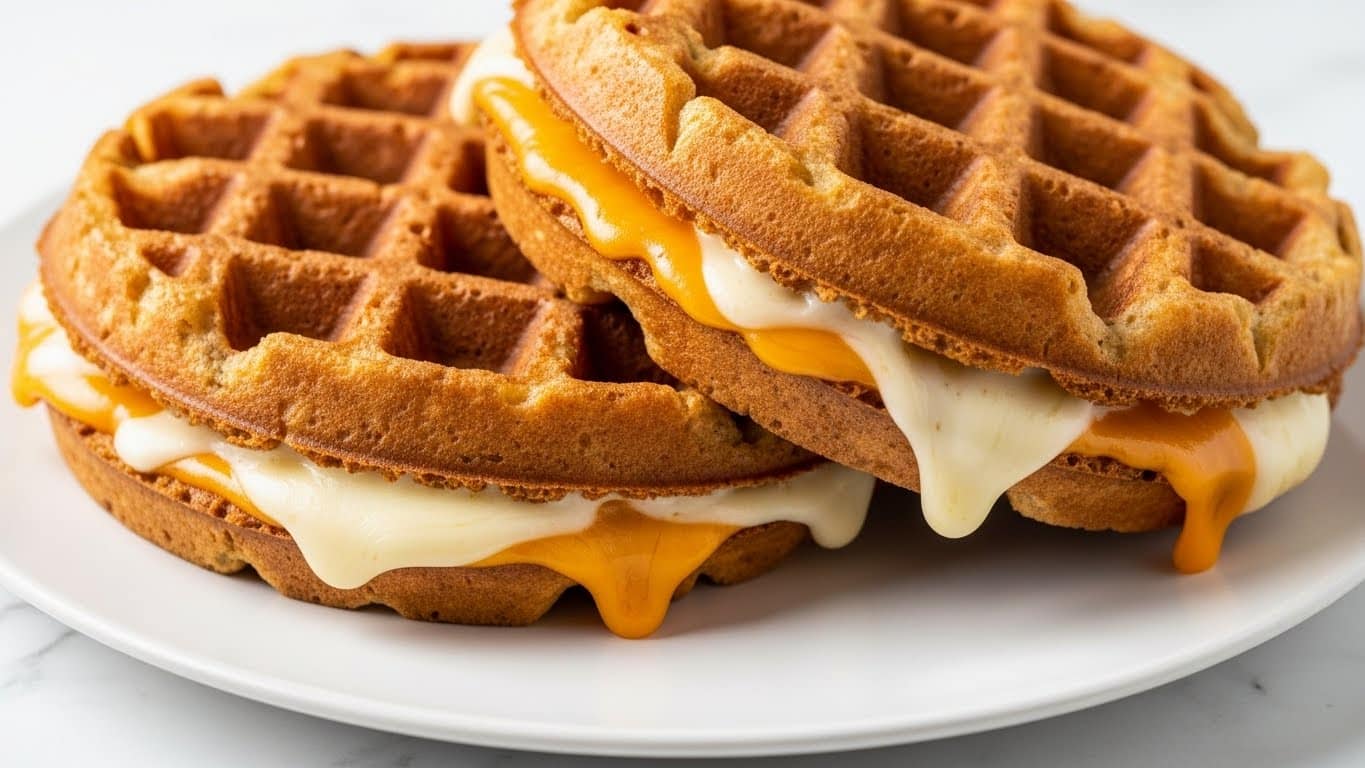 Two golden brown waffles are stacked on a white plate, each with a crispy, textured surface showing deep square pockets. Between the waffles, there is a thick layer of melted white and orange cheese oozing out slightly along the edges. The waffles have a crunchy look with a warm, toasted color and melted cheese dripping down the sides. The plate sits on a white marbled texture, and the focus is on the close-up detail of the cheesy filling and crisp waffle texture. photo taken with an iphone --ar 4:5 --v 7