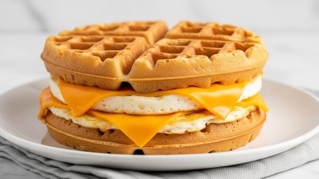 A stack of two golden brown waffles sits on a white plate, each waffle showing a crisp, textured grid pattern on top. Between the waffles are two layers of melted cheddar cheese, bright orange and gooey, oozing slightly over the edges. There is also a layer of cooked eggs visible beneath the cheese, white and fluffy with some golden spots. The plate rests on a light gray cloth, set against a white marbled textured surface. photo taken with an iphone --ar 4:5 --v 7