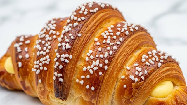 A close-up view of a golden brown baked pastry with a glossy, slightly crisp crust sprinkled with white sugar pearls on top. The pastry shows a thick white creamy layer exposed in between the soft, fluffy bread sections, creating a contrast between the shiny crust and smooth cream. The texture appears light and airy with a smooth filling flowing slightly through the gaps, all placed against a white marbled surface. photo taken with an iphone --ar 4:5 --v 7