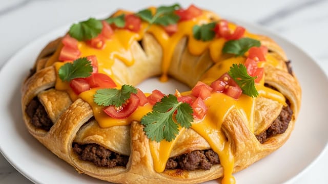 A round layered dish shaped like a wreath sits on a white marbled surface, featuring a base layer of golden-brown, flaky pastry forming ring segments with visible thin layers and a shiny crust. Between the pastry segments is a hearty layer of cooked, crumbled ground meat with a rich brown color and a slightly crumbly texture. On top of the meat is a melted layer of bright yellow-orange cheddar cheese, oozing slightly down the sides of the meat and pastry. Scattered over the cheese are small pieces of fresh red tomato and chopped green cilantro, adding vibrant color contrast. The dish is arranged in a perfect circular shape, and the close-up view highlights the textures and freshness. Photo taken with an iphone --ar 4:5 --v 7