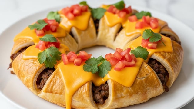 A round pastry ring with a golden-brown, flaky crust, divided into sections by slits that reveal a layer of cooked ground meat inside. On top, melted yellow cheddar cheese drips slightly over the edges, adding a creamy texture. Small diced red tomatoes and fresh green cilantro are scattered over the cheese, adding bright red and green colors for freshness. The pastry sits on a white plate with a white marbled surface background. Photo taken with an iphone --ar 4:5 --v 7