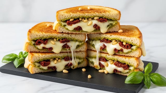 A stack of four grilled cheese sandwich halves is placed on a black rectangular slab, set on a white marbled surface. Each sandwich has two golden-brown toasted bread slices with a crispy texture. Inside, there are three layers: melted stretchy white cheese, green pesto spread, and small pieces of sun-dried tomatoes, with pine nuts scattered inside the filling and on top. Fresh green basil leaves sit on the sandwiches and around the slab, adding a fresh look. Photo taken with an iphone --ar 4:5 --v 7