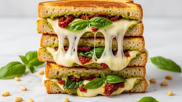 The image shows a tall stack of three grilled cheese sandwiches with thick, golden-brown toasted bread. Each sandwich has gooey melted white cheese stretching and dripping between layers. A green pesto sauce is spread generously inside, mixing with bits of red sun-dried tomatoes and small fresh green basil leaves. The stack is placed on a white marbled surface with scattered pine nuts and fresh basil leaves around it. The texture of the bread is crispy on the outside, while the cheese looks soft and stretchy inside. photo taken with an iphone --ar 4:5 --v 7