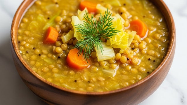 A close-up view of a bowl of lentil soup placed on a white marbled surface, the soup has a thick, yellowish broth with small yellow lentils filling most of the bowl. There are visible chunks of orange carrot and pale yellow cabbage floating on top. In the center rests a small sprig of fresh green dill that adds a touch of color contrast. The bowl is made of dark brown wood, round and rustic looking. The soup appears hearty and warm with bits of black mustard seeds scattered throughout. photo taken with an iphone --ar 4:5 --v 7
