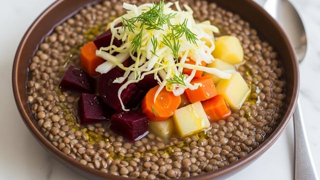 A brown bowl filled with a thick layer of small brown lentils in a broth, topped with chunks of deep red beetroot, bright orange carrot, and pale yellow potato pieces. On top of the vegetables, there are thin strands of shredded cabbage and small sprigs of fresh green dill. A light drizzle of olive oil adds a shiny texture around the toppings. The bowl is placed on a white marbled surface with a silver spoon partly visible next to it. photo taken with an iphone --ar 4:5 --v 7
