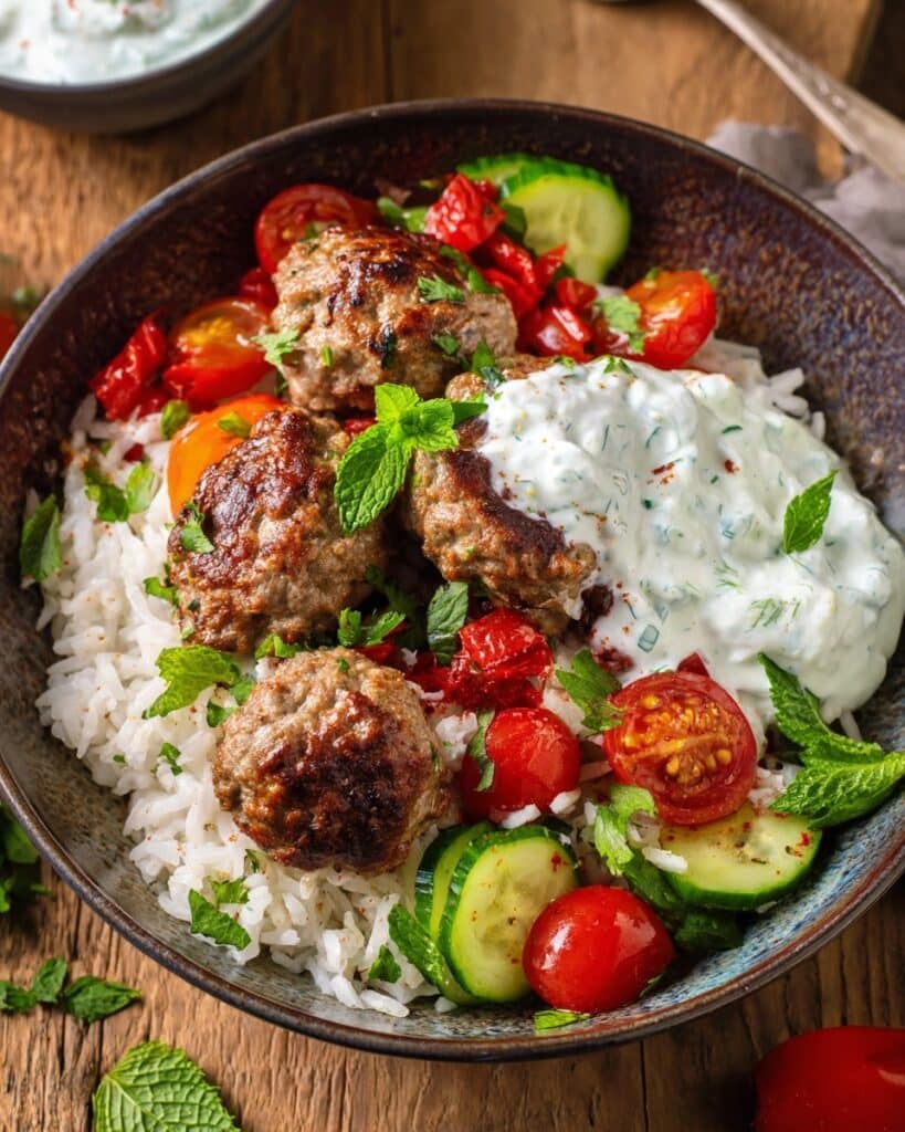 Meze Meatballs with Fresh Salad and Dips Recipe
